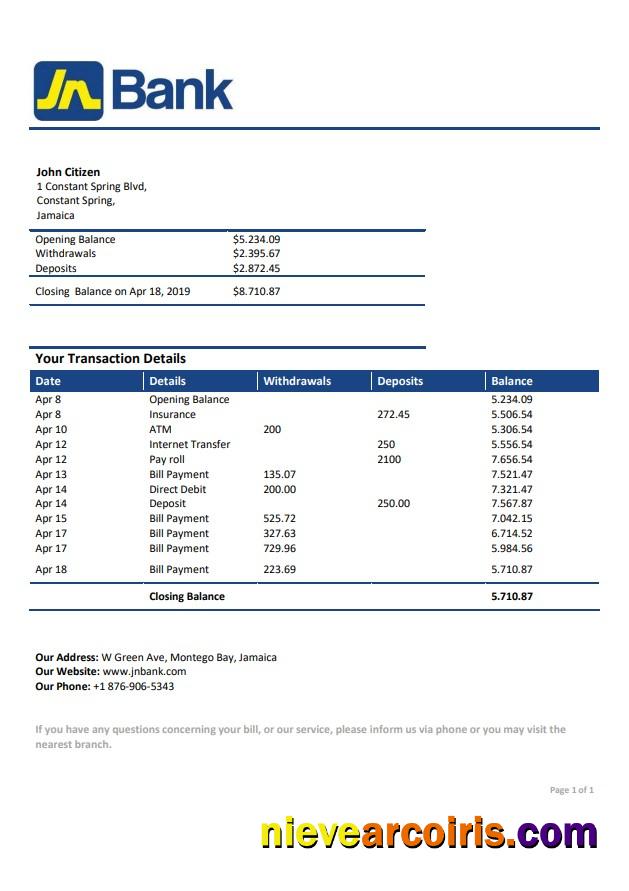 Jamaica National Bank statement